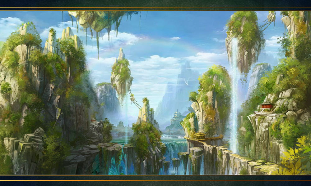 Celestial mountains and waterfalls